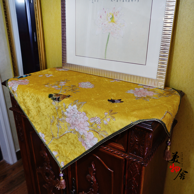 中式花鸟桌布 冰箱盖布 床头柜盖布 奢华布艺餐桌布台布梳妆台罩