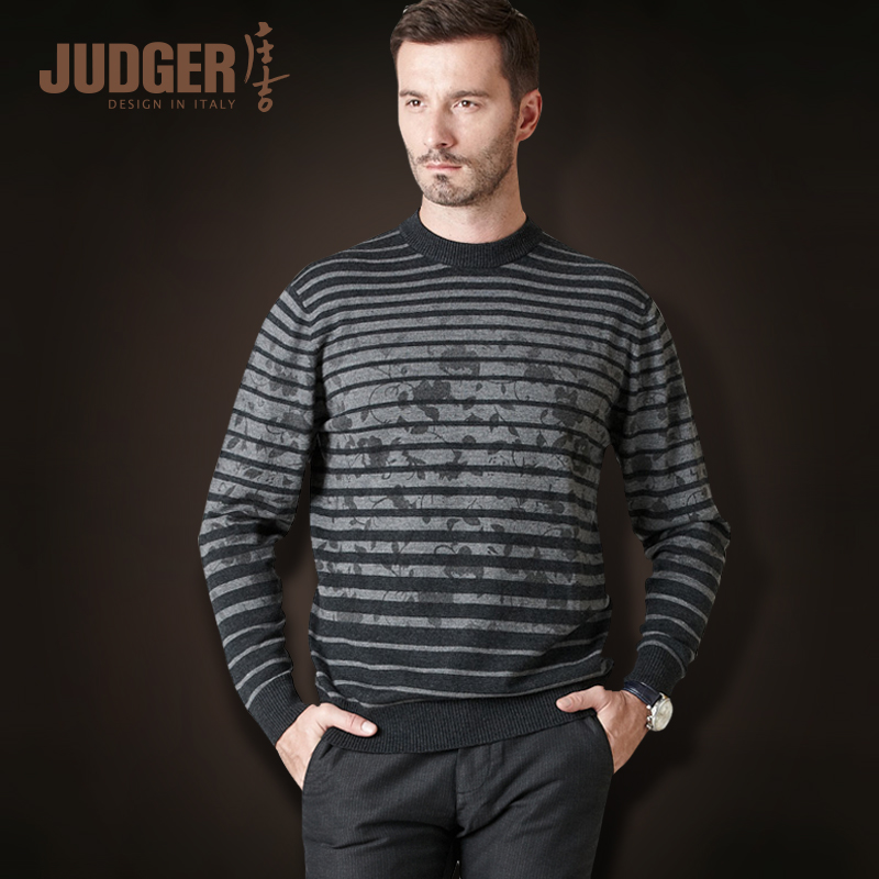JUDGER/庄吉男士毛衣 冬套头圆领长袖针织衫男装条纹羊毛衫