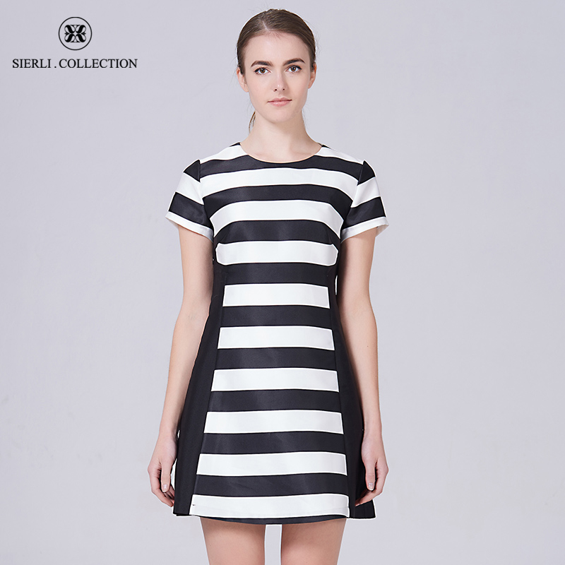 斯尔丽瑟俪夏季新款黑白条纹中长裙连衣裙5F851