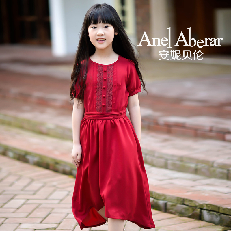 安妮贝伦2015夏装女童棉连衣裙欧美红色长裙中大童短袖新款复古裙