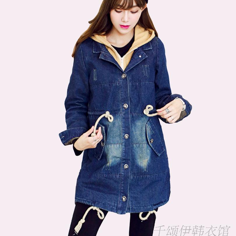 青年少女装2015新款中学生韩国棉衣女中长款加绒加厚牛仔棉服外套
