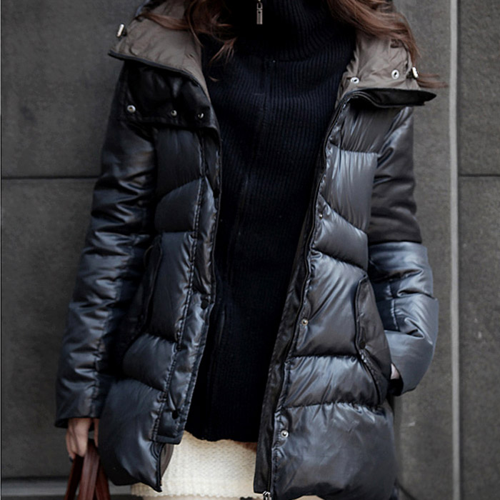 包邮2015冬季新款加肥加大女装JX14622B韩版简约撞色拼接连帽棉服