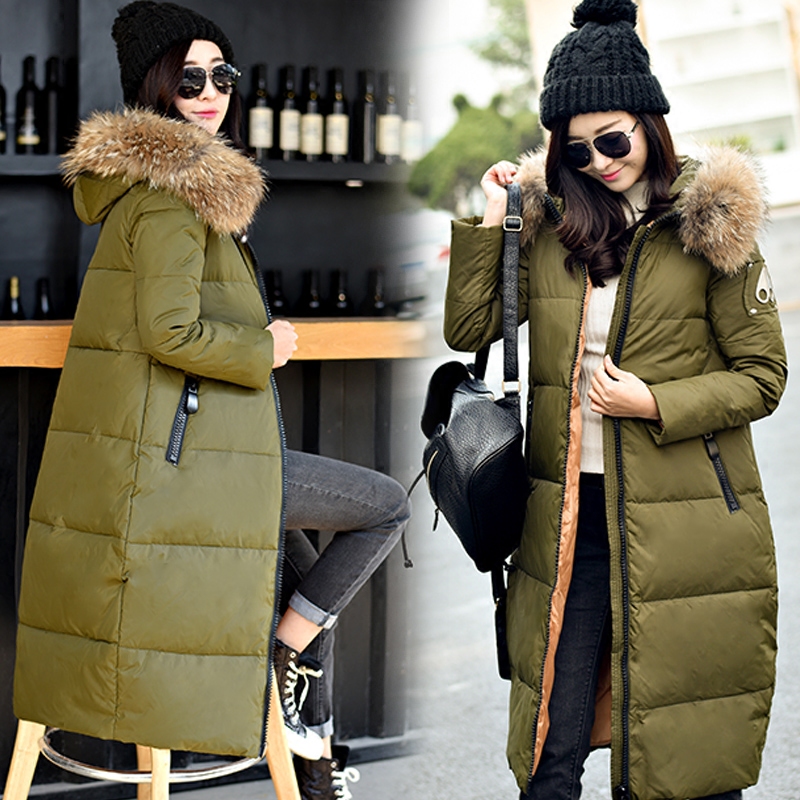 2015新款韩版冬装修身毛领长款羽绒服女系带收腰羽绒衣过膝长外套