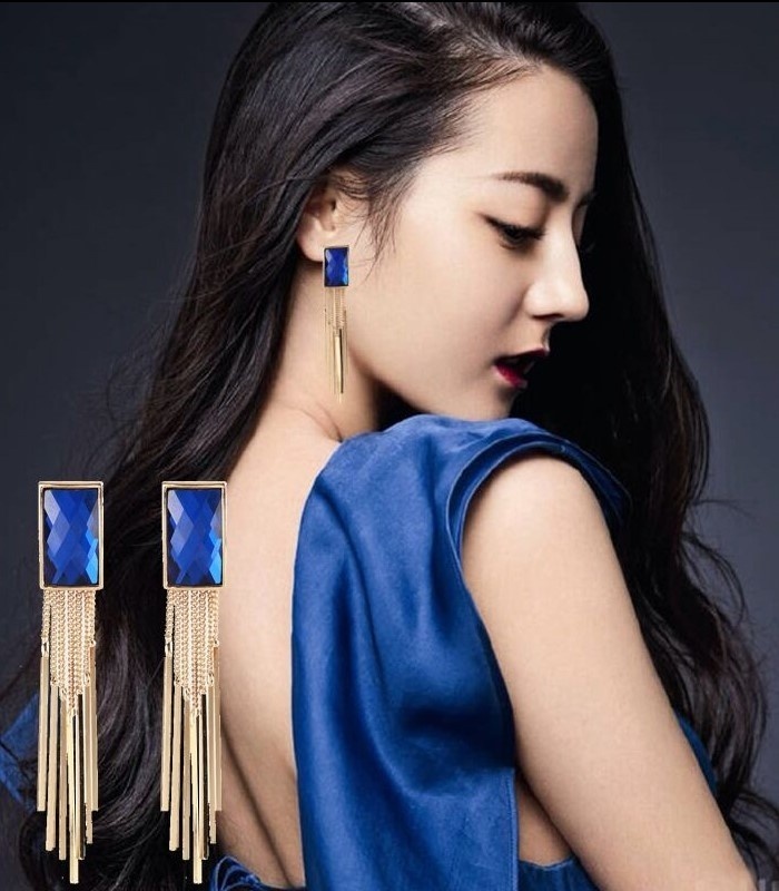 韩国新款时尚水晶流苏女耳钉气质方块长款耳环质感耳钉饰品包邮折扣优惠信息