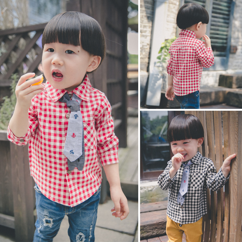 2016秋款韩版衬衫男童长袖纯棉领带上衣1-2-3-4岁一两岁宝宝秋装折扣优惠信息