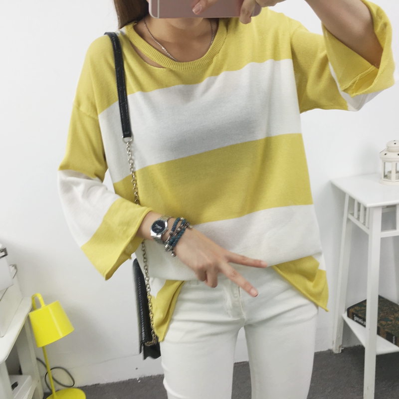 265#韩版休闲大条纹个性领口镂空宽松针织T恤潮折扣优惠信息