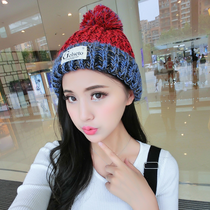 韩国帽子女冬季针织毛线帽休闲百搭保暖毛球帽加厚可爱套头帽秋潮