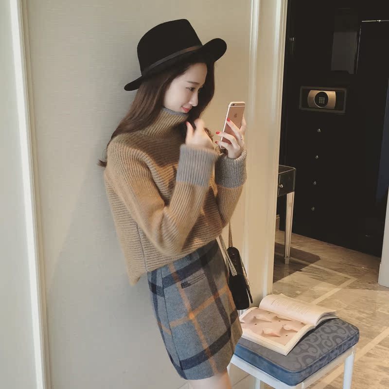2015冬装新款韩版条纹拼色高领加厚兔毛套头毛衣上衣女E3651FB0折扣优惠信息