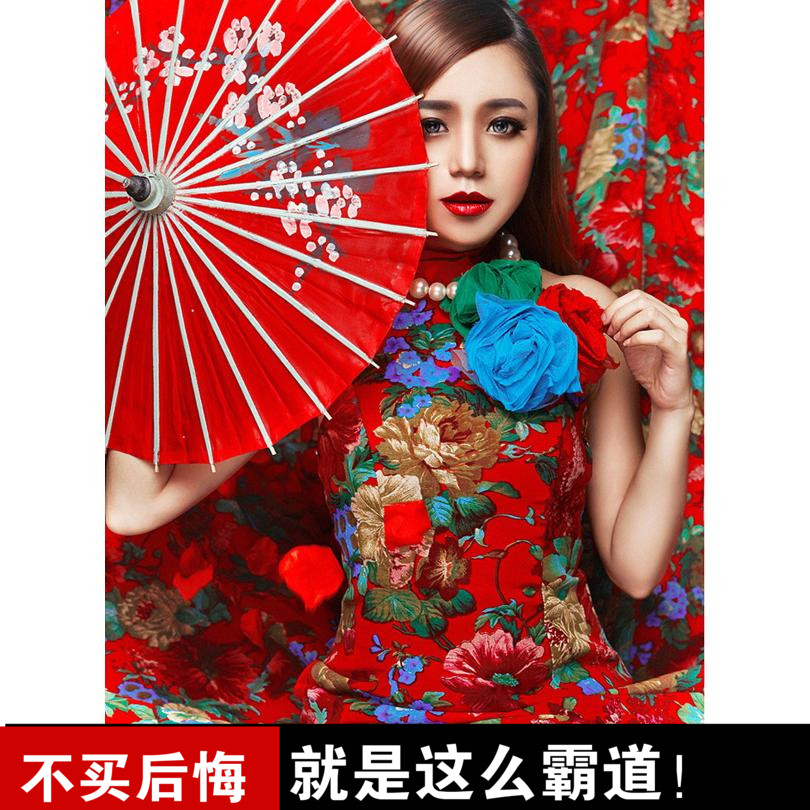 新款影楼主题服装女孩艺术写真服饰中国风旗袍红碎花布婚纱礼服