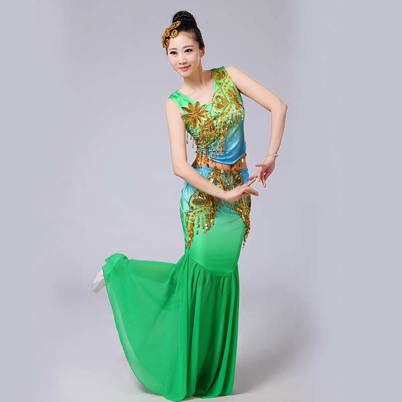 新款成人傣族舞蹈演出服少数民族孔雀舞表演服装女包臀长款鱼尾裙