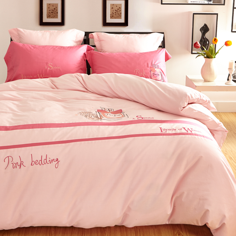 春秋韩版粉红刺绣全棉四件套纯棉绣花床上用品床单式被套婚庆床品