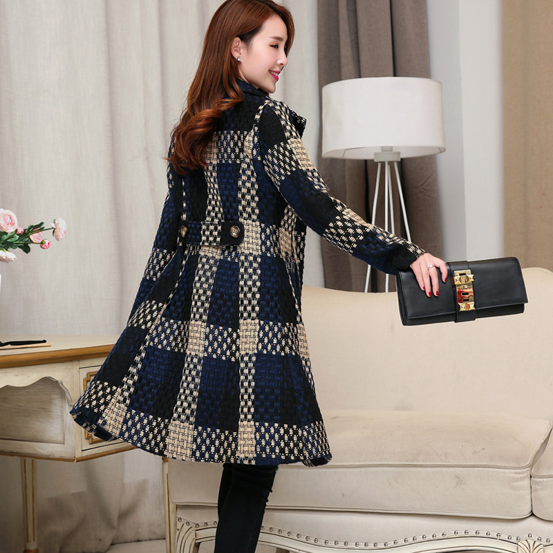 2015秋冬装新款时尚韩版妮子修身中长款格子大衣女羊毛呢外套