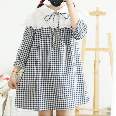 2015日系复古蕾丝刺绣娃娃领七分袖宽松棉麻格子娃娃裙连衣裙