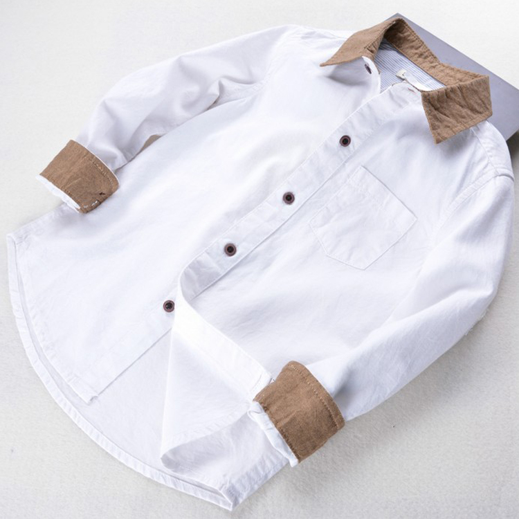【大促】2016春装新款韩版时尚男童白色长袖衬衫咖啡领拼色衬衣折扣优惠信息