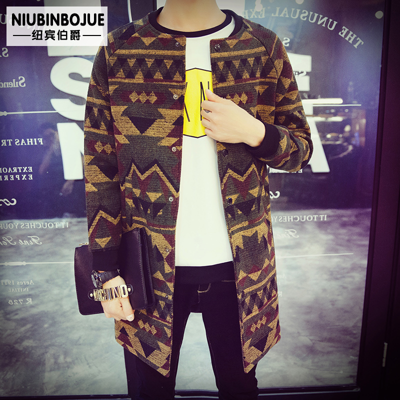 纽宾伯爵2015新款男士韩版中长款风衣潮男修身秋季字母呢大衣外套