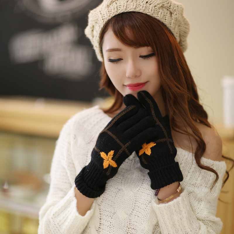 2015新款冬季韩版加厚保暖毛线加绒针织 枫叶分指女士女生手套