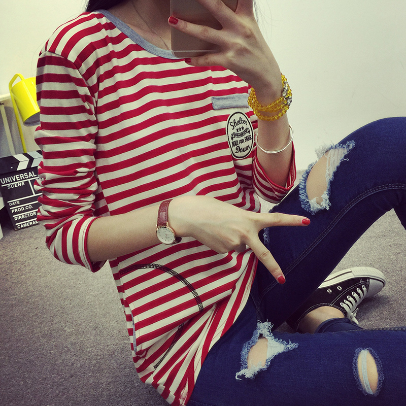 2015秋季韩版新款中长款条纹衫宽松长袖女士T恤撞色圆领打底衫