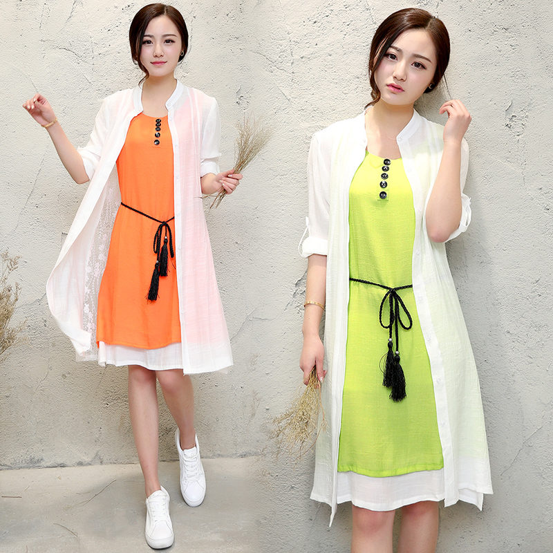 夏季韩版女士开衫修身棉麻复古披肩两件套长袖春季连衣裙套装裙女
