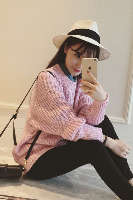 2015秋新款韩女版纯色蝙蝠袖宽松中长款直筒粉嫩套头圆领休闲毛衣折扣优惠信息