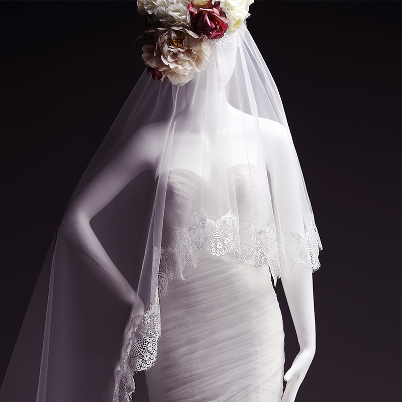 2015新款婚纱礼服配件 蕾丝公主象牙白色长头纱