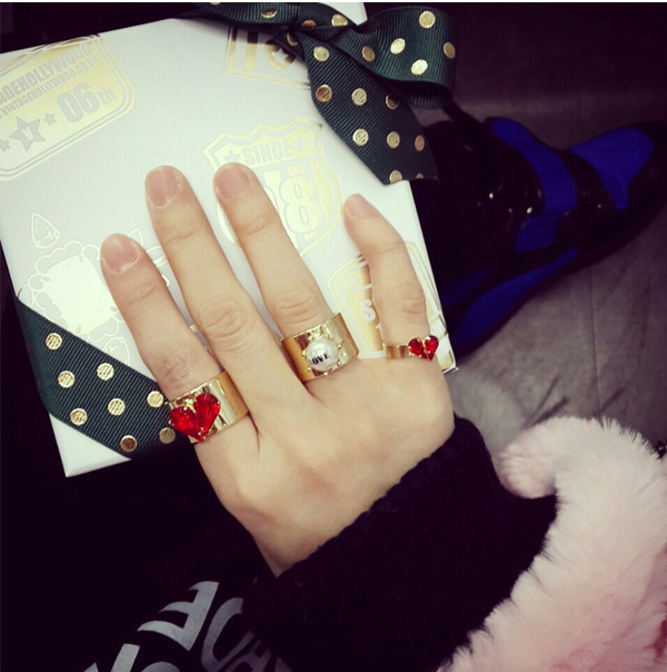 欧美韩版潮人时尚夸张复古红色心形宝石珍珠关节戒指指环套戒尾戒