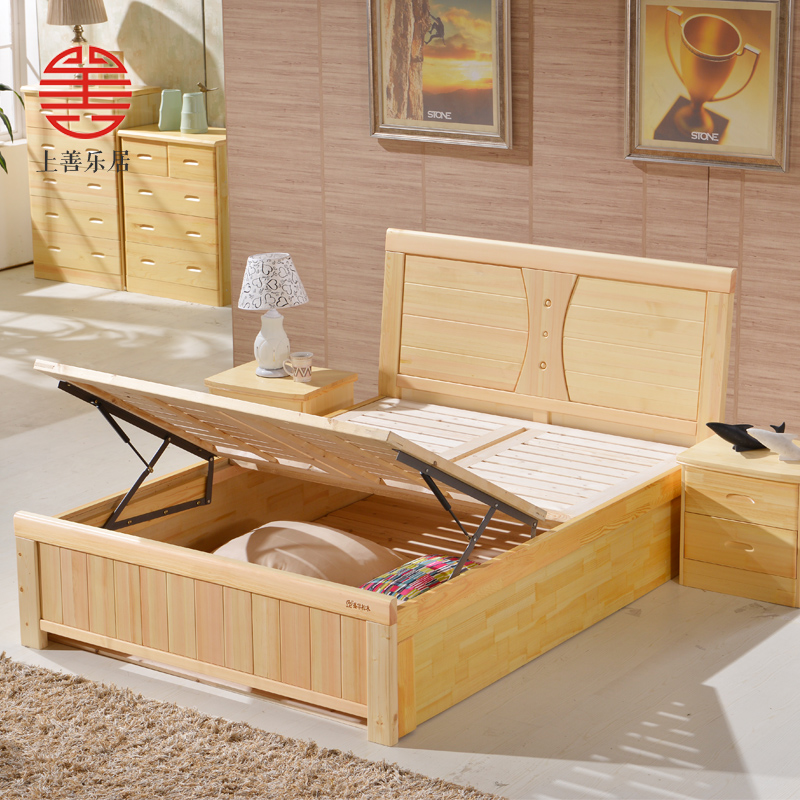 简约现代全实木床松木床气压高箱储物抽屉单双人床1.51.8米儿童床