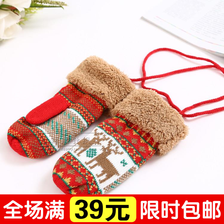 新款韩版儿童小鹿毛口手套加绒加厚保暖冬季男女带绳连指手套批发
