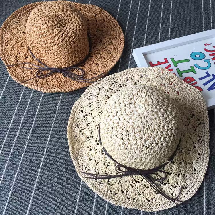 夏季太阳帽手工编织拉菲草帽可折叠休闲草编防晒海边度假沙滩帽女