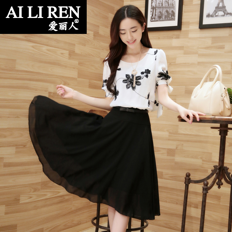 爱丽人2015夏装新款女装韩版修身显瘦短袖雪纺刺绣两件套装连衣裙
