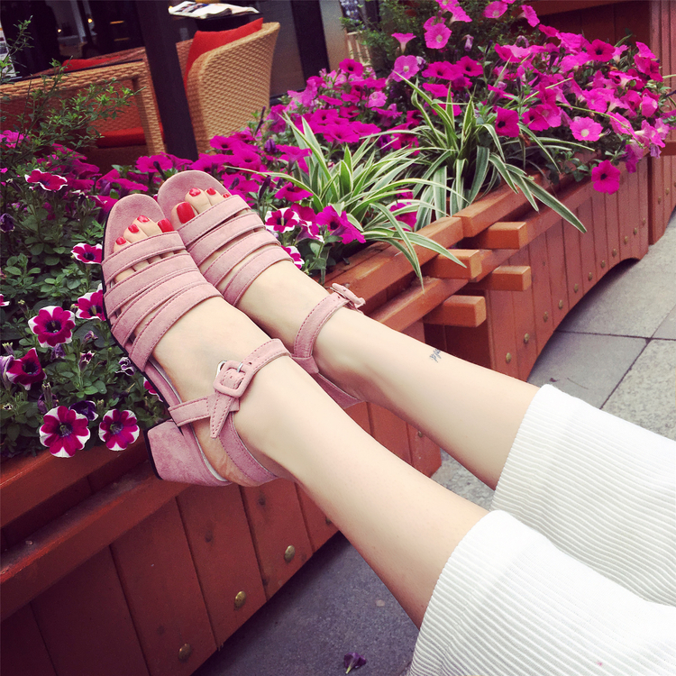 2016夏季新款韩版女式凉鞋中跟粗跟露趾舒适女鞋子一字扣带女鞋