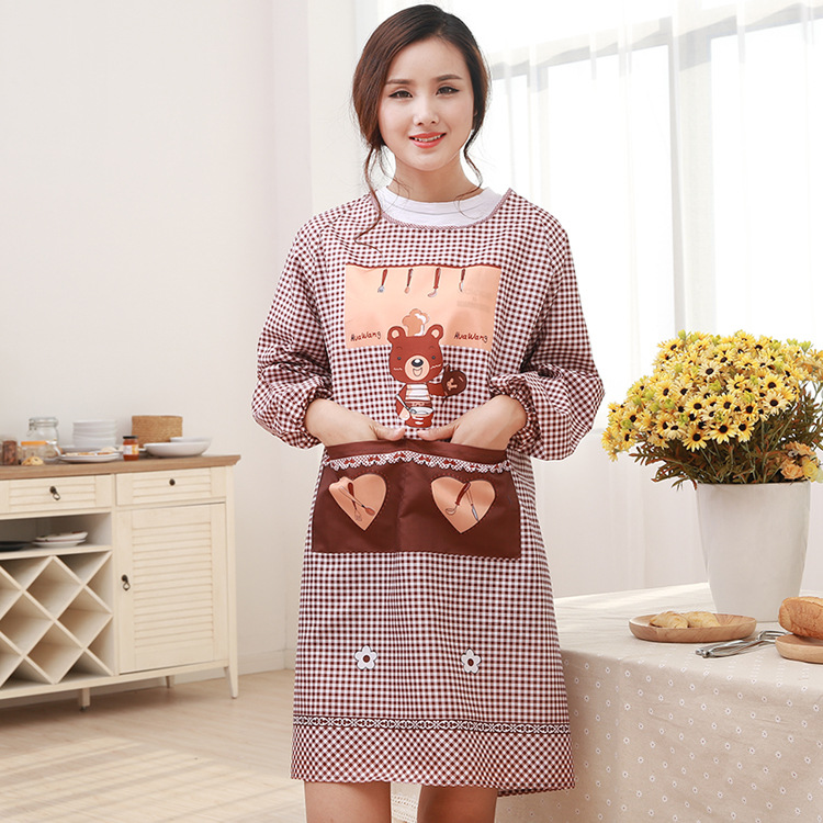 韩版时尚可爱男女一体式围裙长袖防水厨房做饭成人反穿衣带袖罩衣折扣优惠信息