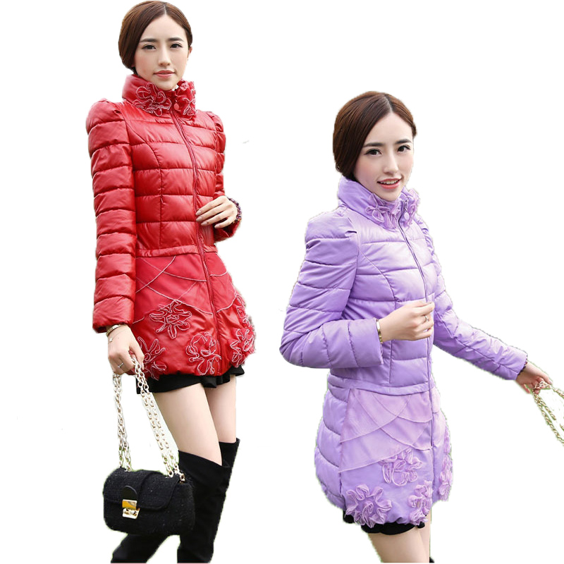 新品冬季韩版时尚保暖大衣修身立领花边棉衣潮中长款羽绒棉外套女