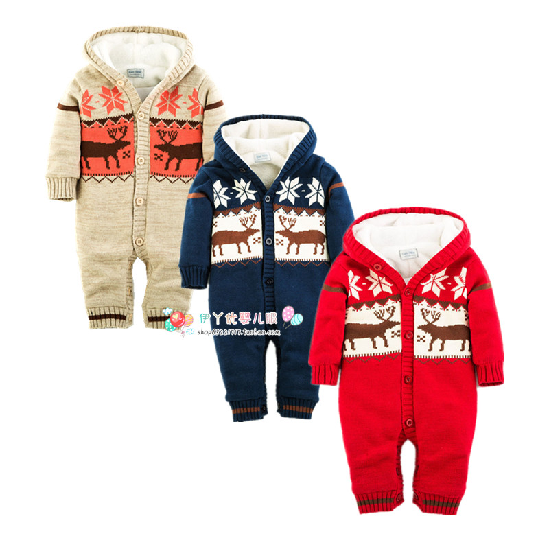 棉线针织婴幼儿冬装保暖连身哈衣爬服加绒加厚新年棉衣圣诞风麋鹿