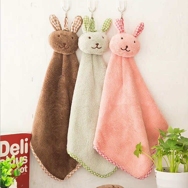 可爱兔子小方巾厨房浴室挂式擦手巾珊瑚绒擦手巾超吸水挂式毛巾