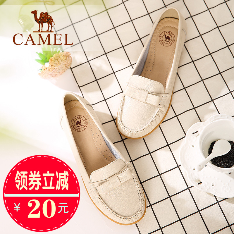 Camel/骆驼女鞋 时尚春夏新款 舒适简约坡跟气质真皮蝴蝶结单鞋