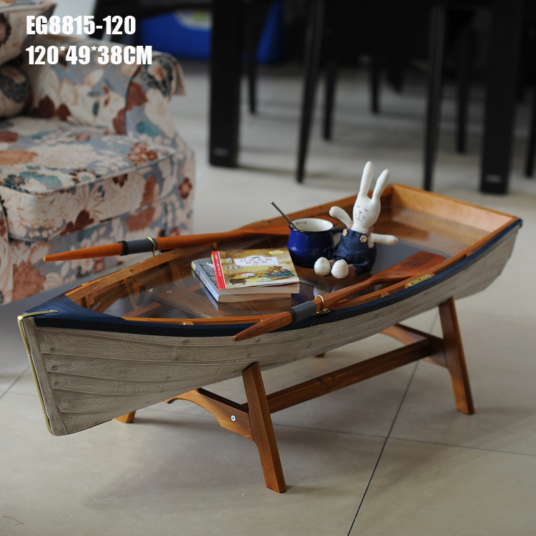 地中海风格 创意船型茶几 个性客厅家具摆件 阳台咖啡桌 带双桨