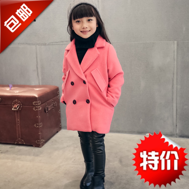 2015冬女童韩版双排扣加厚翻领尖领毛呢大衣粉色中长款时尚潮外套