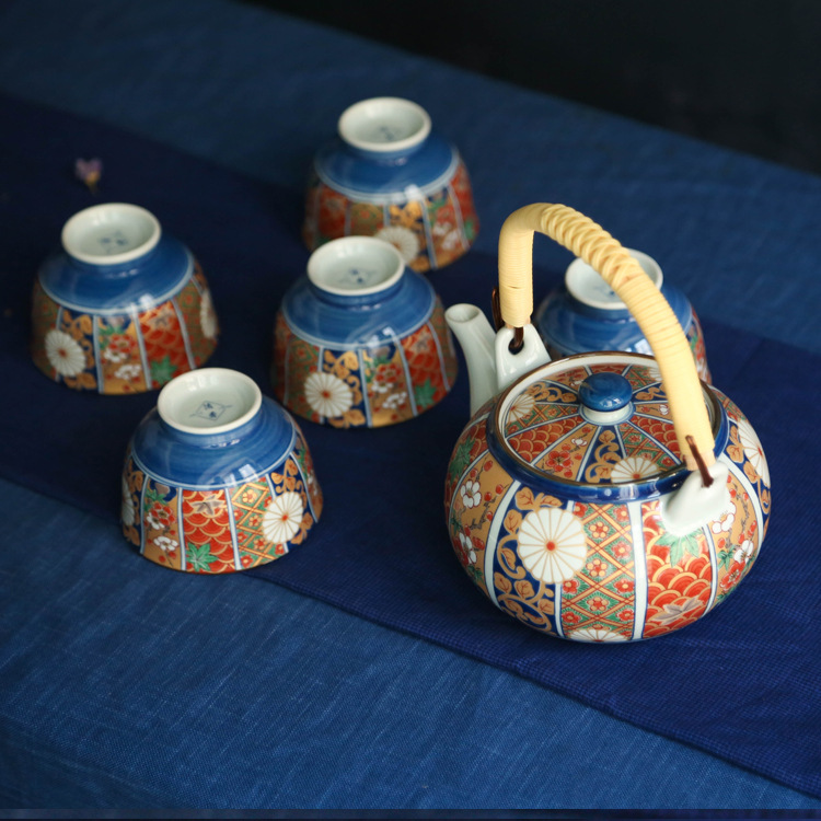 【现货】日本进口陶瓷茶具礼品套装花纸工艺金彩古伊万里提梁茶具