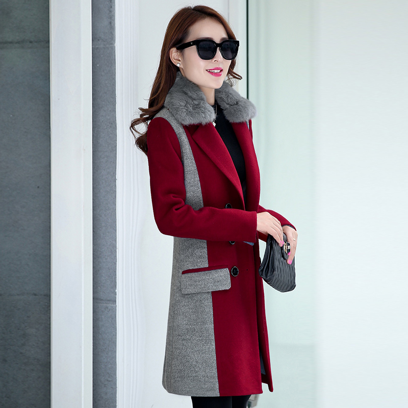 韩版2015冬新款女收腰瘦身拼接妮子大衣羊绒保暖外套中长款真毛领