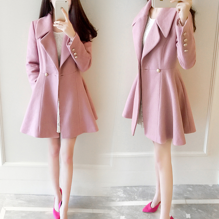 2015冬装新款女装韩版修身收腰羊毛呢子大衣翻领长袖毛呢外套女装