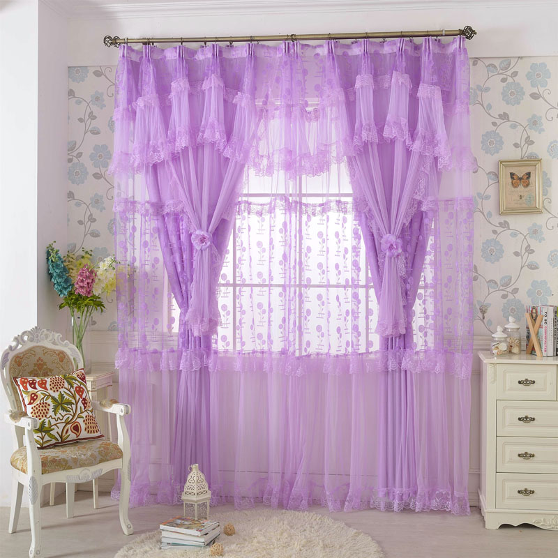 成品定制韩式公主婚房客厅卧室窗帘紫色蕾丝飘窗遮光布料窗纱粉色