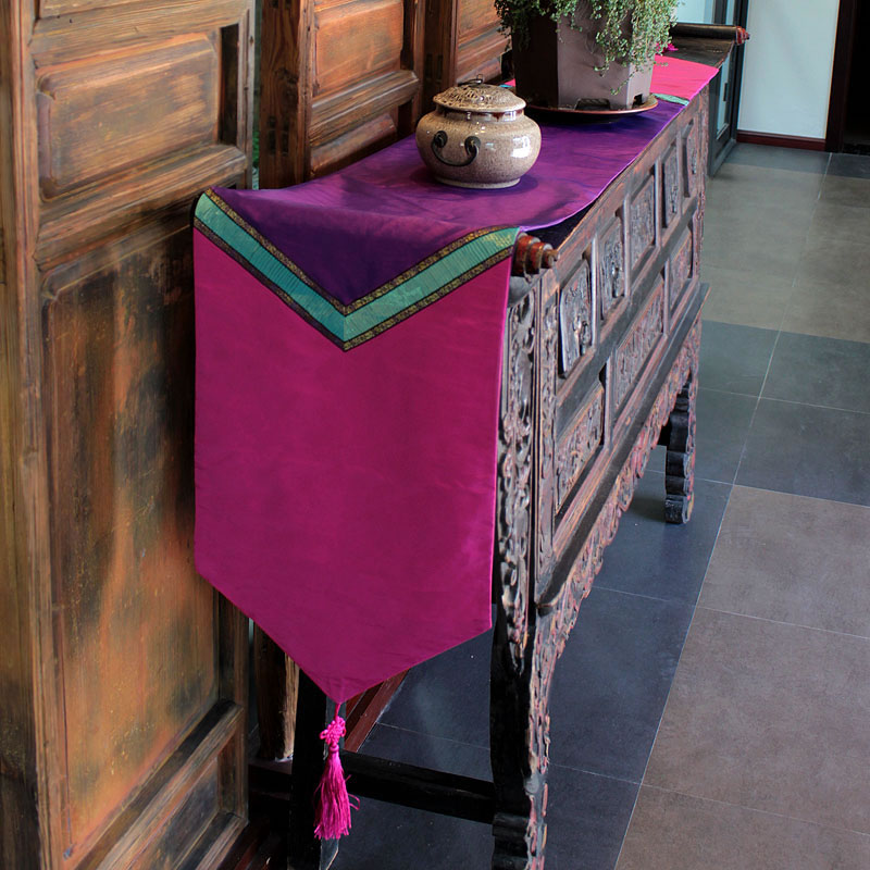 原创设计东南亚风情塔夫绸紫色款满200包邮床旗电视柜旗餐厅桌旗
