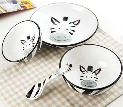 日式陶瓷儿童餐具可爱斑马面碗盘子勺子礼品餐具套装3D手绘动物碗折扣优惠信息