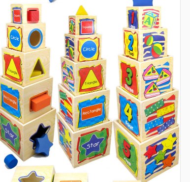包邮 儿童木质积木套盒 幼儿叠叠乐 几何形状积木套盒 叠套益智
