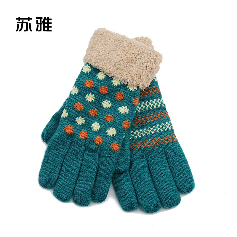 苏雅 女生保暖仿羊毛翻边加厚加绒圆点彩色手套 户外旅游冬季手套