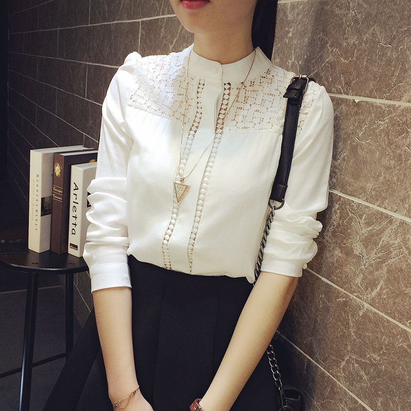 2016秋冬季新款韩版时尚修身长袖蕾丝白衬衣镂空上衣衬衫打底衫女