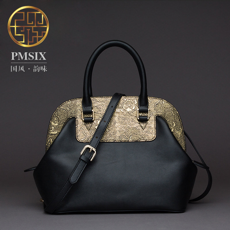 PMSIX2016秋冬新牛皮撞色中年女包复古手提包金色拼色单肩包大包折扣优惠信息