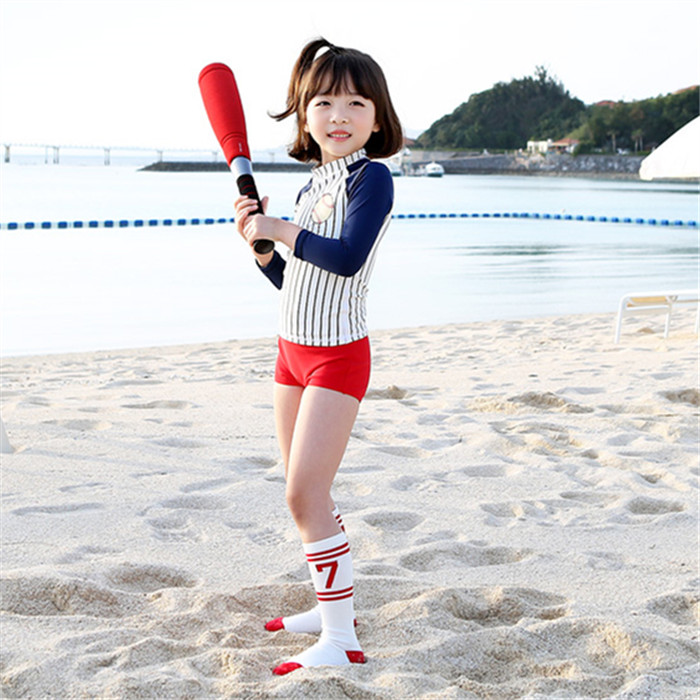 韩国女童装【部份码现货】2015夏新款分体泳衣三件套长袖防晒速干