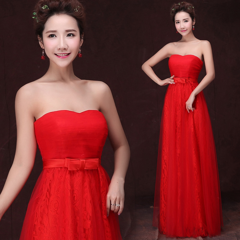 婚纱礼服2015新款春抹胸红色晚礼服修身长款韩版结婚新娘敬酒服