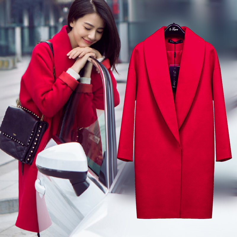 黑色大衣高圆圆明星同款结婚红色中长款加厚毛呢外套呢子大衣女